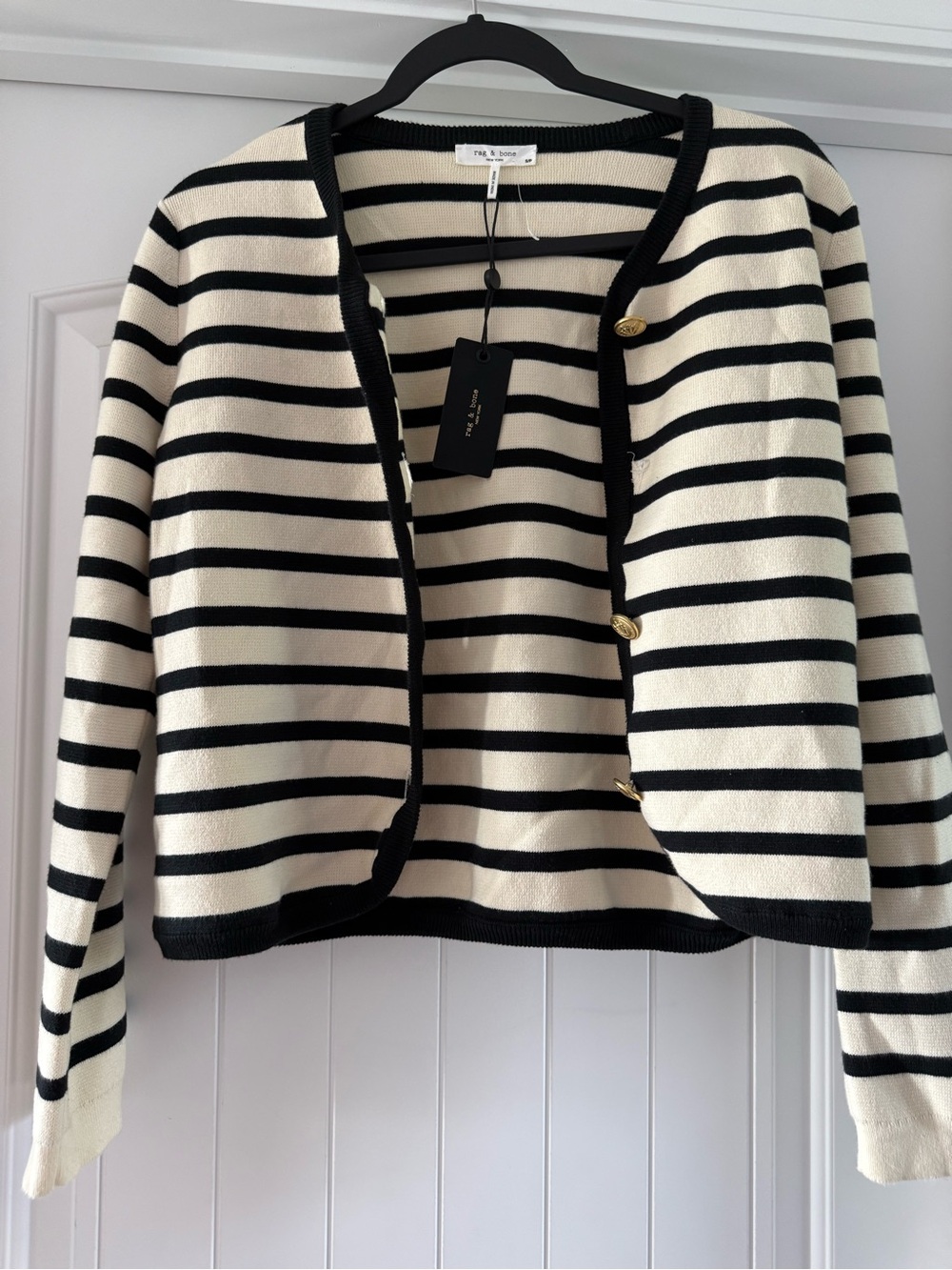 Rag & Bone Striped Button-Front Cardigan in Black & Cream - Picture 4 of 10
